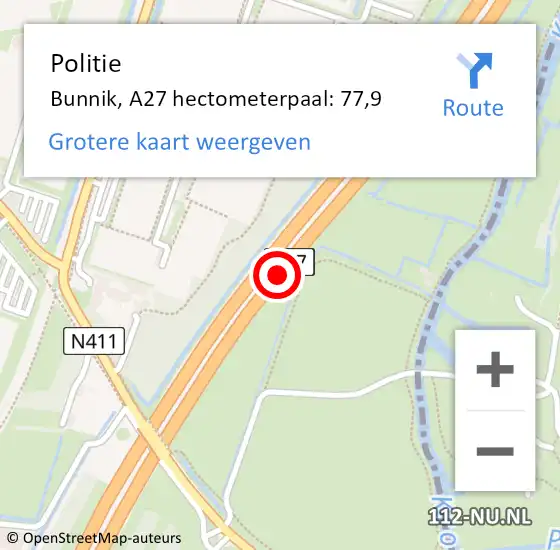 Locatie op kaart van de 112 melding: Politie Bunnik, A27 hectometerpaal: 77,9 op 6 juni 2024 12:01