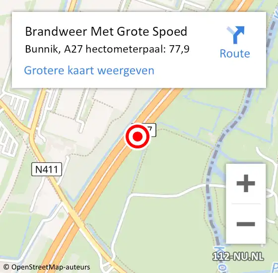 Locatie op kaart van de 112 melding: Brandweer Met Grote Spoed Naar Bunnik, A27 hectometerpaal: 77,9 op 6 juni 2024 12:01