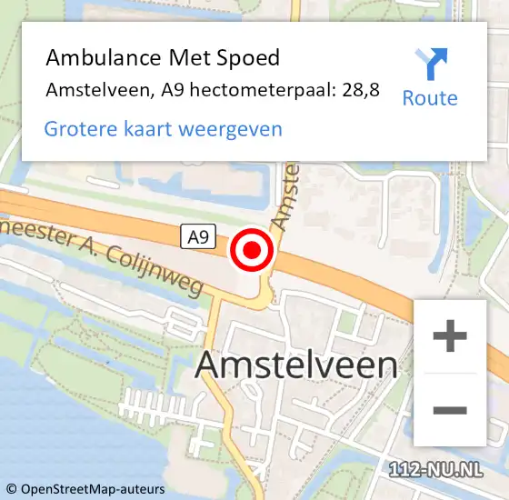 Locatie op kaart van de 112 melding: Ambulance Met Spoed Naar Amstelveen, A9 hectometerpaal: 28,8 op 6 juni 2024 12:22