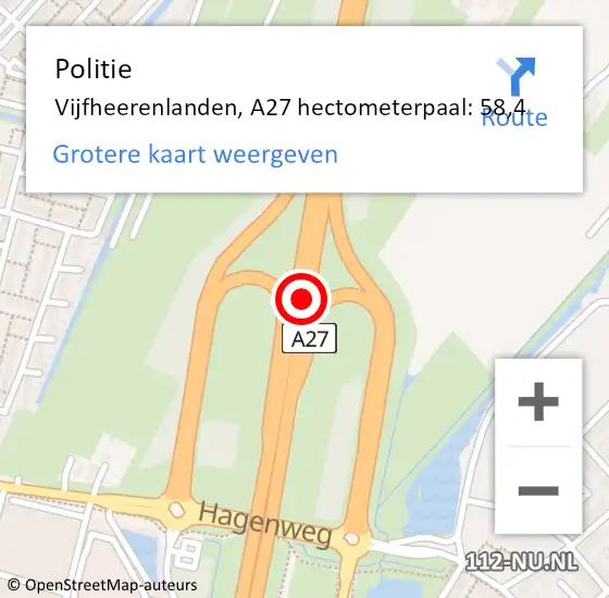 Locatie op kaart van de 112 melding: Politie Vijfheerenlanden, A27 hectometerpaal: 58,4 op 6 juni 2024 14:16
