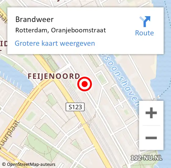 Locatie op kaart van de 112 melding: Brandweer Rotterdam, Oranjeboomstraat op 6 juni 2024 15:38