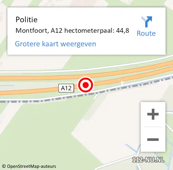 Locatie op kaart van de 112 melding: Politie Montfoort, A12 hectometerpaal: 44,8 op 6 juni 2024 15:52