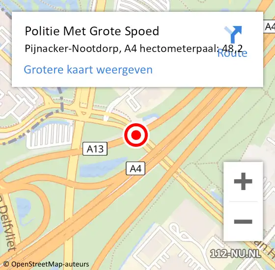 Locatie op kaart van de 112 melding: Politie Met Grote Spoed Naar Pijnacker-Nootdorp, A4 hectometerpaal: 48,2 op 6 juni 2024 16:51
