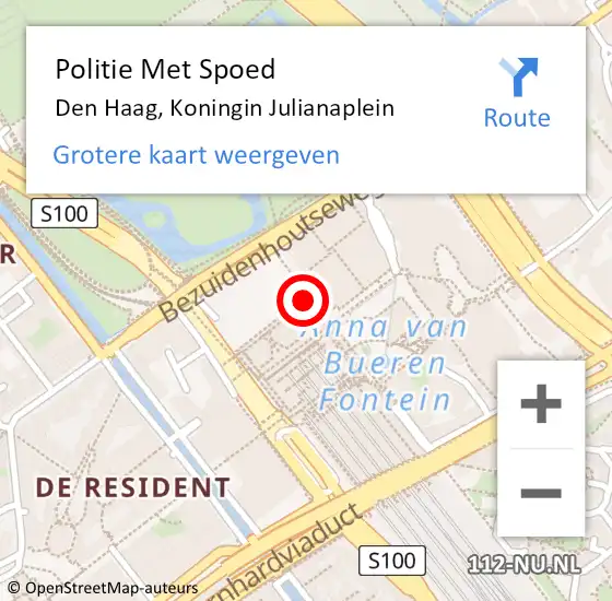 Locatie op kaart van de 112 melding: Politie Met Spoed Naar Den Haag, Koningin Julianaplein op 6 juni 2024 17:22