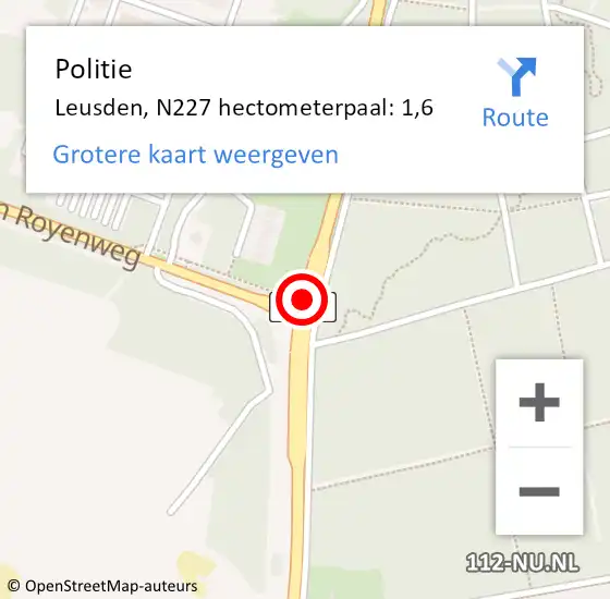 Locatie op kaart van de 112 melding: Politie Leusden, N227 hectometerpaal: 1,6 op 6 juni 2024 17:39