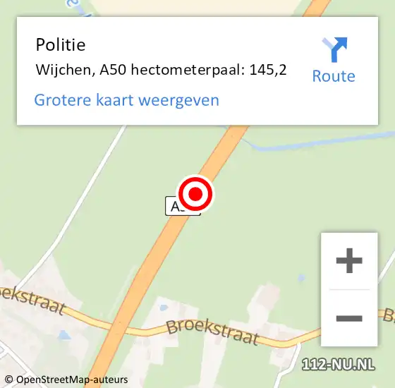 Locatie op kaart van de 112 melding: Politie Wijchen, A50 hectometerpaal: 145,2 op 6 juni 2024 17:55