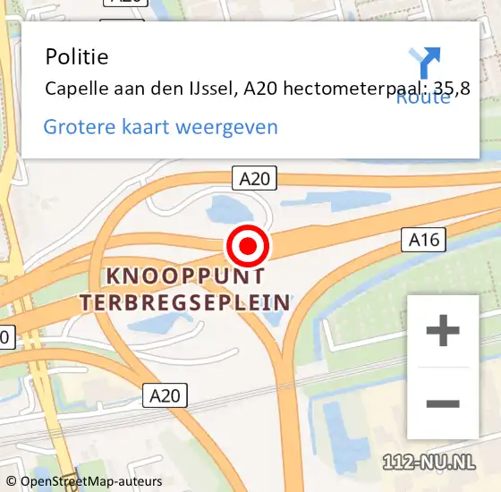 Locatie op kaart van de 112 melding: Politie Capelle aan den IJssel, A20 hectometerpaal: 35,8 op 6 juni 2024 18:16