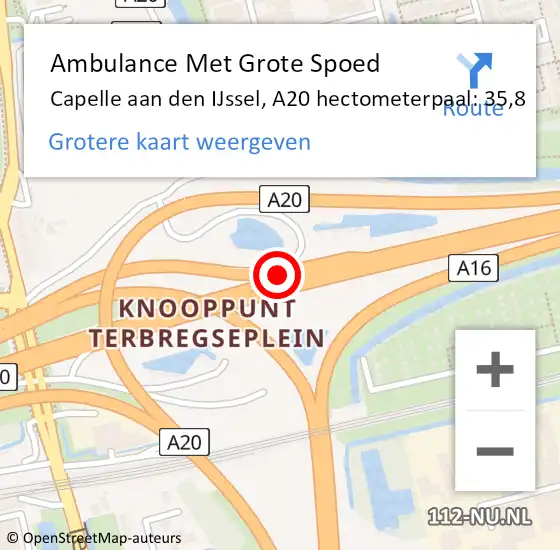 Locatie op kaart van de 112 melding: Ambulance Met Grote Spoed Naar Capelle aan den IJssel, A20 hectometerpaal: 35,8 op 6 juni 2024 18:22