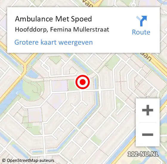 Locatie op kaart van de 112 melding: Ambulance Met Spoed Naar Hoofddorp, Femina Mullerstraat op 6 juni 2024 20:16