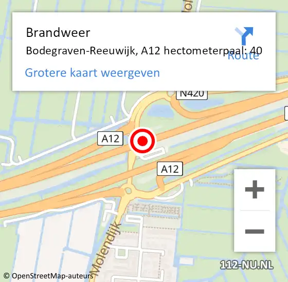 Locatie op kaart van de 112 melding: Brandweer Bodegraven-Reeuwijk, A12 hectometerpaal: 40 op 6 juni 2024 20:57