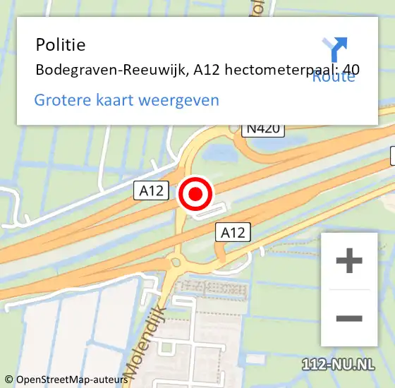 Locatie op kaart van de 112 melding: Politie Bodegraven-Reeuwijk, A12 hectometerpaal: 40 op 6 juni 2024 20:59