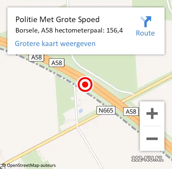 Locatie op kaart van de 112 melding: Politie Met Grote Spoed Naar Borsele, A58 hectometerpaal: 156,4 op 6 juni 2024 21:41
