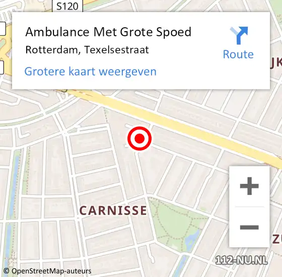 Locatie op kaart van de 112 melding: Ambulance Met Grote Spoed Naar Rotterdam, Texelsestraat op 6 juni 2024 22:15