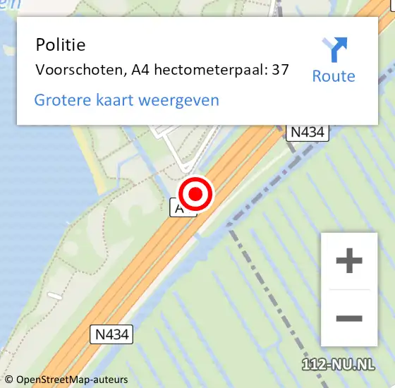 Locatie op kaart van de 112 melding: Politie Voorschoten, A4 hectometerpaal: 37 op 6 juni 2024 23:02