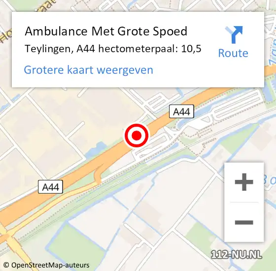 Locatie op kaart van de 112 melding: Ambulance Met Grote Spoed Naar Teylingen, A44 hectometerpaal: 10,5 op 7 juni 2024 06:17