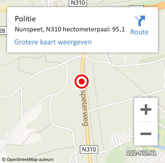 Locatie op kaart van de 112 melding: Politie Nunspeet, N310 hectometerpaal: 95,1 op 7 juni 2024 07:52