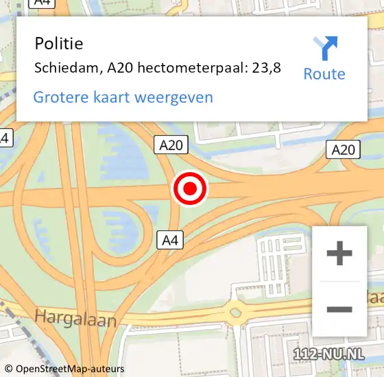 Locatie op kaart van de 112 melding: Politie Schiedam, A20 hectometerpaal: 23,8 op 7 juni 2024 08:34