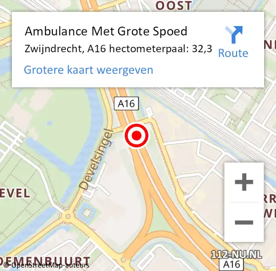 Locatie op kaart van de 112 melding: Ambulance Met Grote Spoed Naar Zwijndrecht, A16 hectometerpaal: 32,3 op 7 juni 2024 09:38