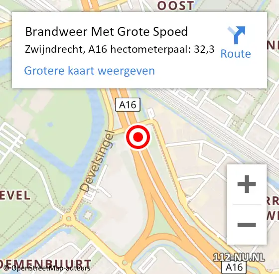 Locatie op kaart van de 112 melding: Brandweer Met Grote Spoed Naar Zwijndrecht, A16 hectometerpaal: 32,3 op 7 juni 2024 09:39
