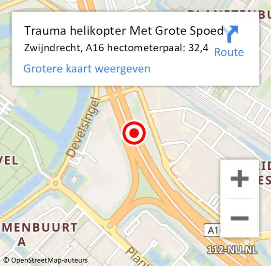 Locatie op kaart van de 112 melding: Trauma helikopter Met Grote Spoed Naar Zwijndrecht, A16 hectometerpaal: 32,4 op 7 juni 2024 09:44
