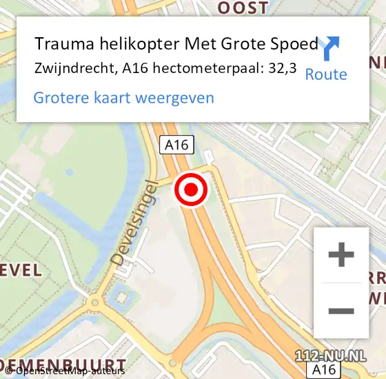 Locatie op kaart van de 112 melding: Trauma helikopter Met Grote Spoed Naar Zwijndrecht, A16 hectometerpaal: 32,3 op 7 juni 2024 09:46