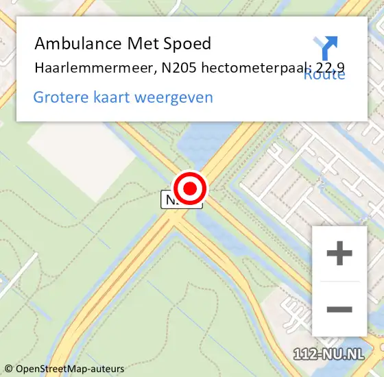 Locatie op kaart van de 112 melding: Ambulance Met Spoed Naar Haarlemmermeer, N205 hectometerpaal: 22,9 op 7 juni 2024 10:17