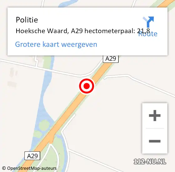 Locatie op kaart van de 112 melding: Politie Hoeksche Waard, A29 hectometerpaal: 21,8 op 7 juni 2024 10:36