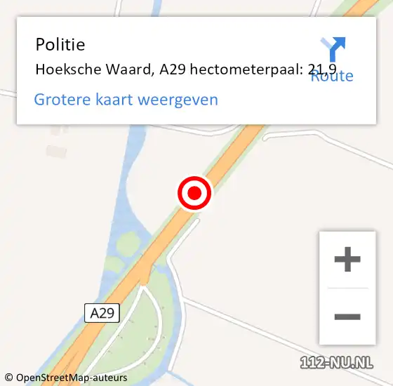 Locatie op kaart van de 112 melding: Politie Hoeksche Waard, A29 hectometerpaal: 21,9 op 7 juni 2024 10:50