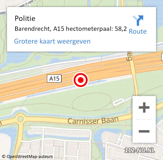 Locatie op kaart van de 112 melding: Politie Barendrecht, A15 hectometerpaal: 58,2 op 7 juni 2024 11:07