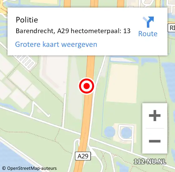Locatie op kaart van de 112 melding: Politie Barendrecht, A29 hectometerpaal: 13 op 7 juni 2024 11:13