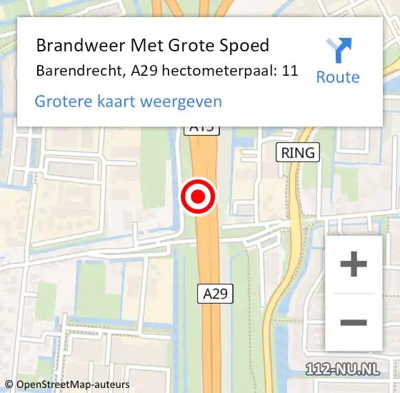 Locatie op kaart van de 112 melding: Brandweer Met Grote Spoed Naar Barendrecht, A29 hectometerpaal: 11 op 7 juni 2024 11:14