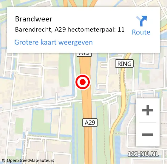 Locatie op kaart van de 112 melding: Brandweer Barendrecht, A29 hectometerpaal: 11 op 7 juni 2024 11:14