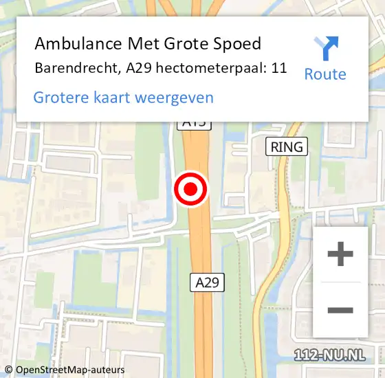 Locatie op kaart van de 112 melding: Ambulance Met Grote Spoed Naar Barendrecht, A29 hectometerpaal: 11 op 7 juni 2024 11:21