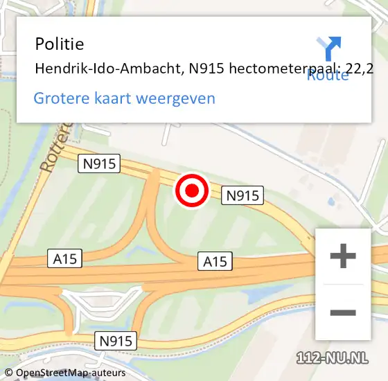 Locatie op kaart van de 112 melding: Politie Hendrik-Ido-Ambacht, N915 hectometerpaal: 22,2 op 7 juni 2024 11:51