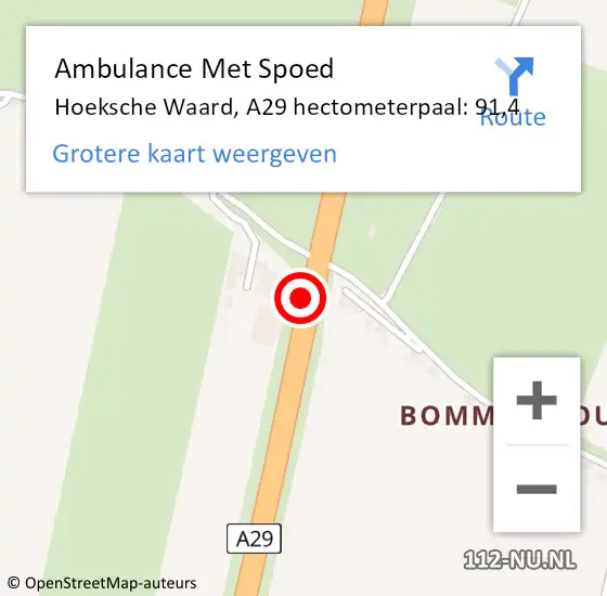Locatie op kaart van de 112 melding: Ambulance Met Spoed Naar Hoeksche Waard, A29 hectometerpaal: 91,4 op 7 juni 2024 11:53