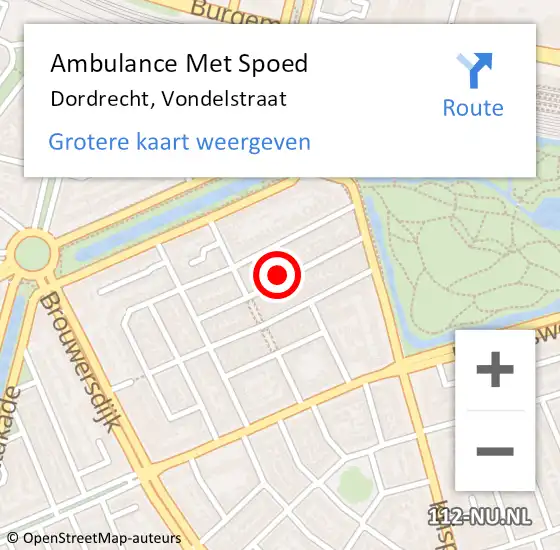 Locatie op kaart van de 112 melding: Ambulance Met Spoed Naar Dordrecht, Vondelstraat op 7 juni 2024 13:01