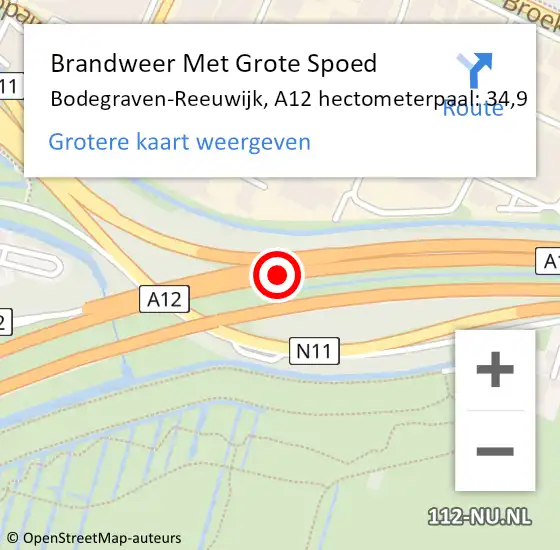 Locatie op kaart van de 112 melding: Brandweer Met Grote Spoed Naar Bodegraven-Reeuwijk, A12 hectometerpaal: 34,9 op 7 juni 2024 13:48