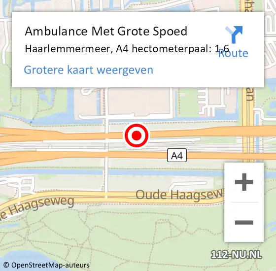 Locatie op kaart van de 112 melding: Ambulance Met Grote Spoed Naar Haarlemmermeer, A4 hectometerpaal: 1,6 op 7 juni 2024 15:10
