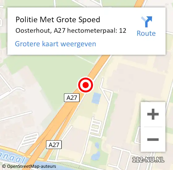 Locatie op kaart van de 112 melding: Politie Met Grote Spoed Naar Oosterhout, A27 hectometerpaal: 12 op 7 juni 2024 16:11