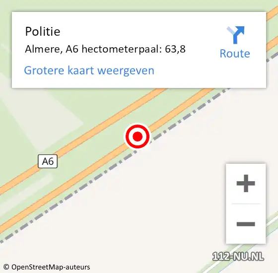 Locatie op kaart van de 112 melding: Politie Almere, A6 hectometerpaal: 63,8 op 7 juni 2024 16:36