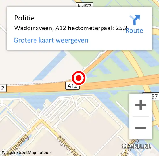 Locatie op kaart van de 112 melding: Politie Waddinxveen, A12 hectometerpaal: 25,2 op 7 juni 2024 16:38