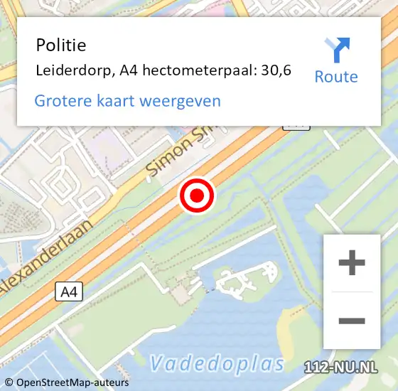 Locatie op kaart van de 112 melding: Politie Leiderdorp, A4 hectometerpaal: 30,6 op 7 juni 2024 16:45