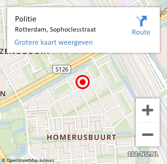 Locatie op kaart van de 112 melding: Politie Rotterdam, Sophoclesstraat op 7 juni 2024 17:04