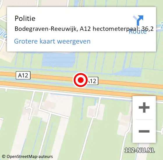 Locatie op kaart van de 112 melding: Politie Bodegraven-Reeuwijk, A12 hectometerpaal: 36,2 op 7 juni 2024 17:42