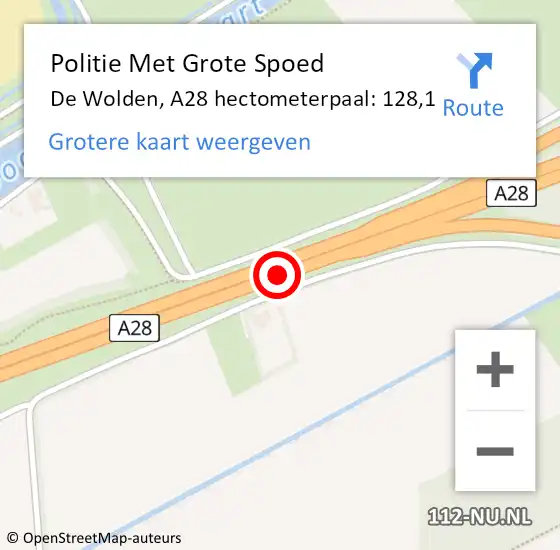 Locatie op kaart van de 112 melding: Politie Met Grote Spoed Naar De Wolden, A28 hectometerpaal: 128,1 op 7 juni 2024 18:00
