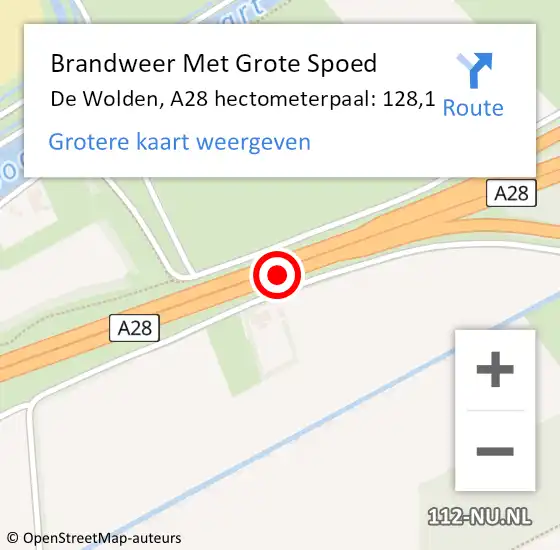 Locatie op kaart van de 112 melding: Brandweer Met Grote Spoed Naar De Wolden, A28 hectometerpaal: 128,1 op 7 juni 2024 18:01