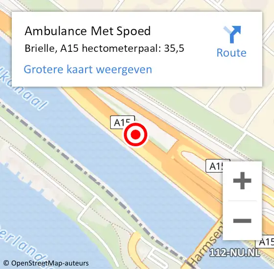 Locatie op kaart van de 112 melding: Ambulance Met Spoed Naar Brielle, A15 hectometerpaal: 35,5 op 7 juni 2024 18:40