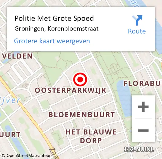 Locatie op kaart van de 112 melding: Politie Met Grote Spoed Naar Groningen, Korenbloemstraat op 7 juni 2024 18:44