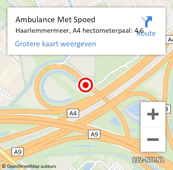 Locatie op kaart van de 112 melding: Ambulance Met Spoed Naar Haarlemmermeer, A4 hectometerpaal: 4,6 op 7 juni 2024 18:48