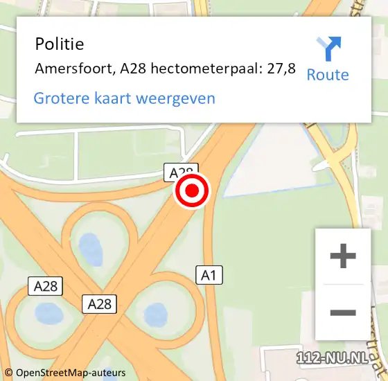 Locatie op kaart van de 112 melding: Politie Amersfoort, A28 hectometerpaal: 27,8 op 7 juni 2024 20:05